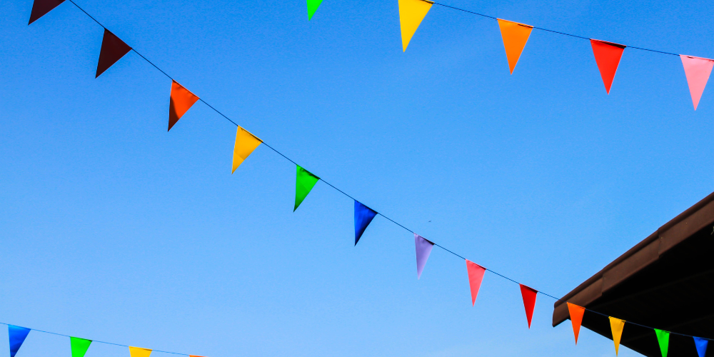 Various coloured flags hung in celebration