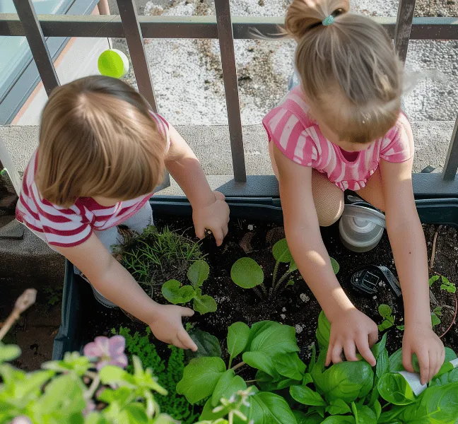 Two little girls planting green plants - seen from above