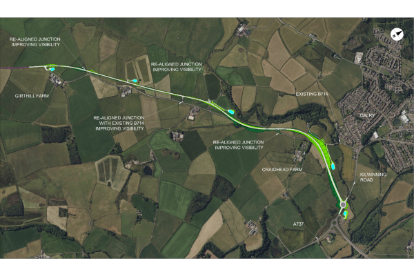 B714 Phase 1, map highlighting new sections of alignment for Dalry to Girthill Farm.