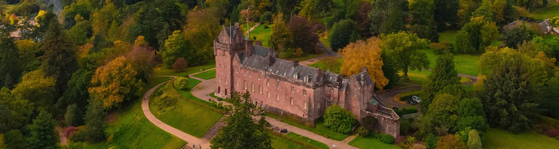Brodick castle, Arran Brodick castle ariel view surrounded in woodland