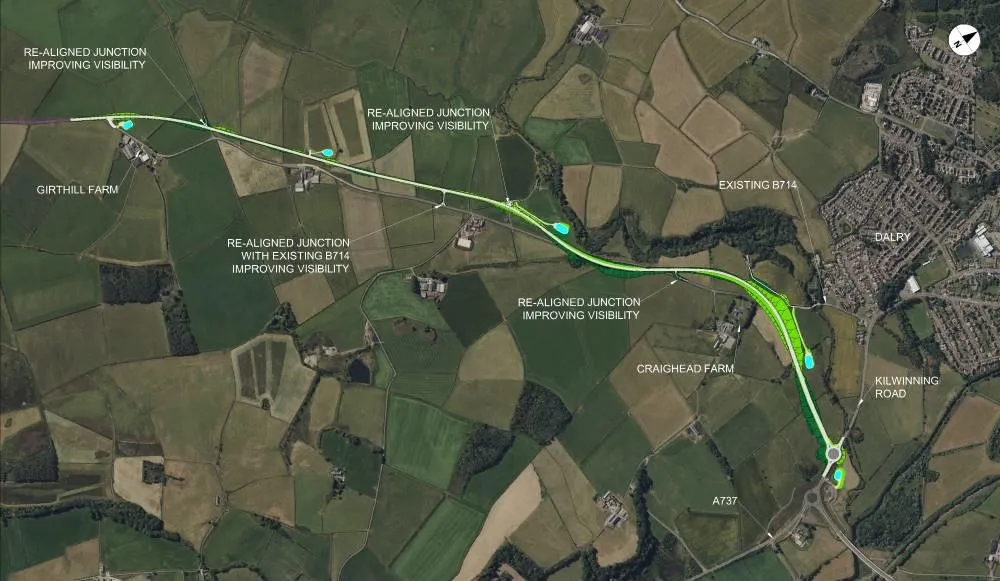 B714 phase 1 map highlighting new sections of aligment for Dalry to Girthill Farm.