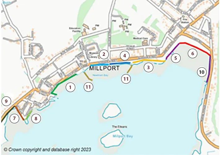 Millport shoreline map marked with work areas numbered 1 to 11