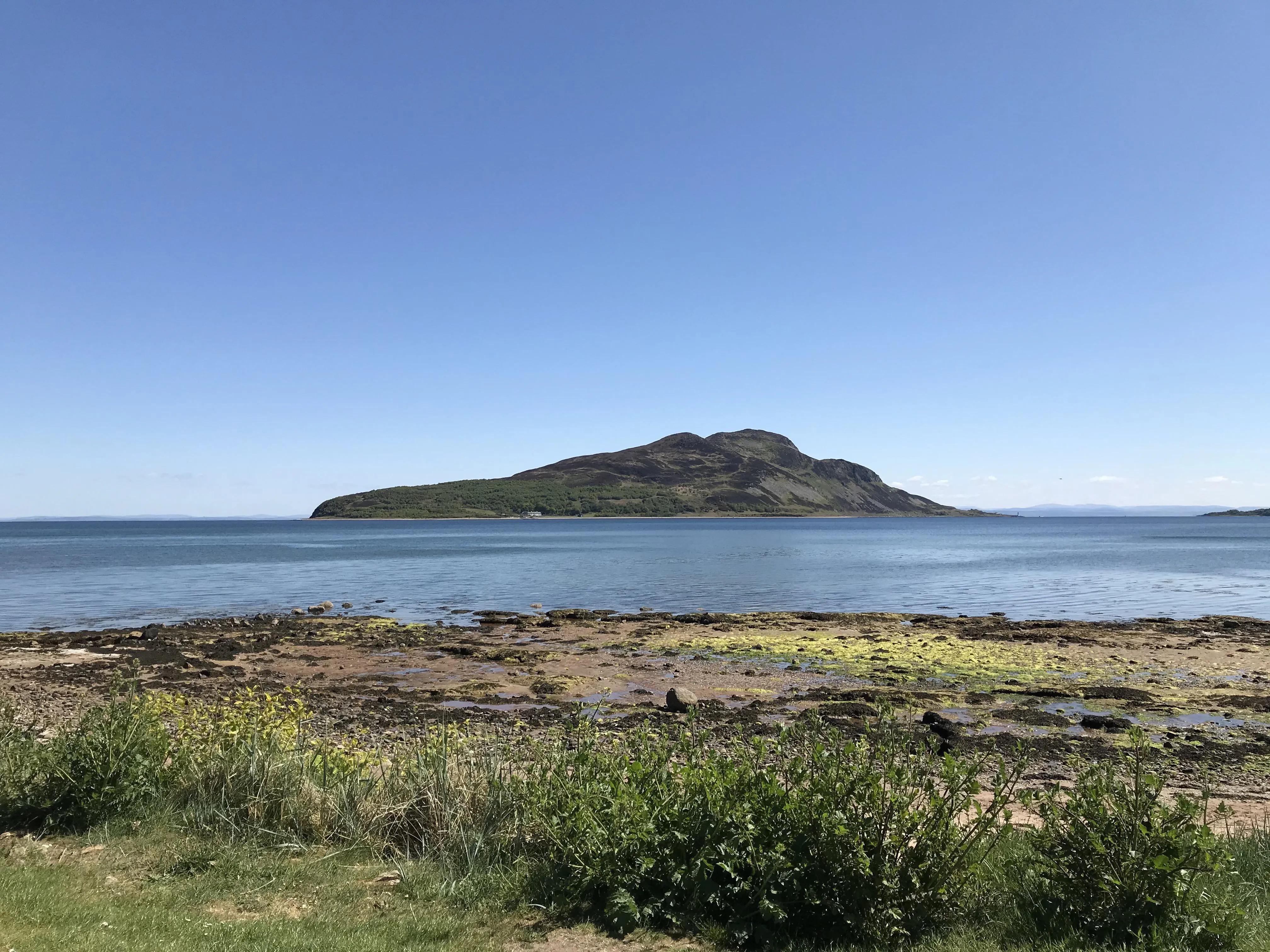 View from Arran ceremony room over the grassy sandy rocky shoreline across the water to small island