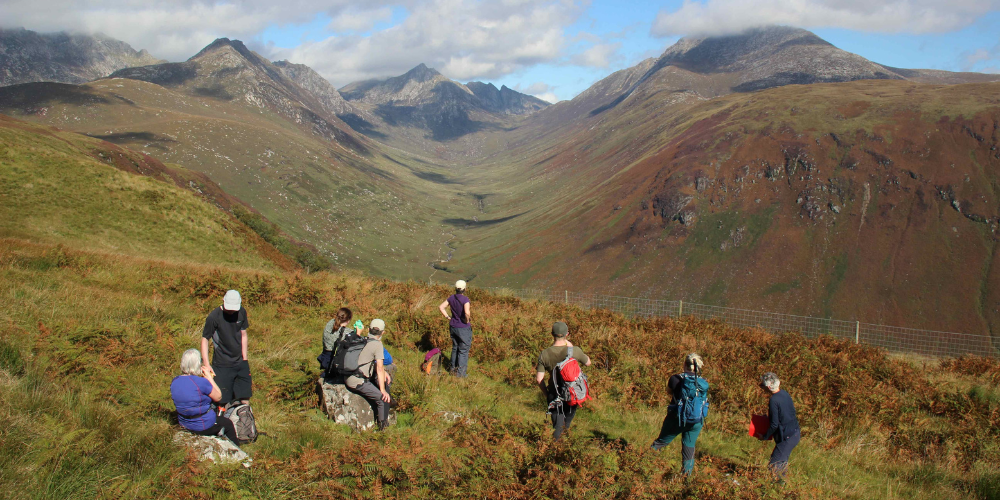 Group of mountain walkers on hillside