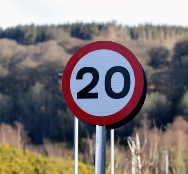 A 20mph sign with trees in the background.