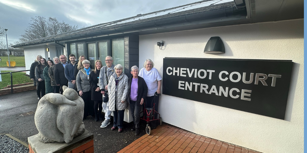 Residents, staff and Provost outside Cheviot Court