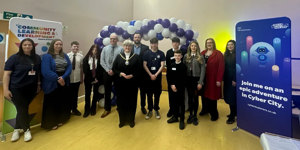 Group photo of Cyber Explorers launch with Provost Greenwood pupils and Education Scotland representatives 