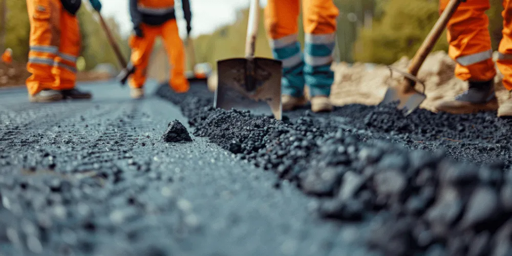 A close up view of four people carrying out repairs to a road