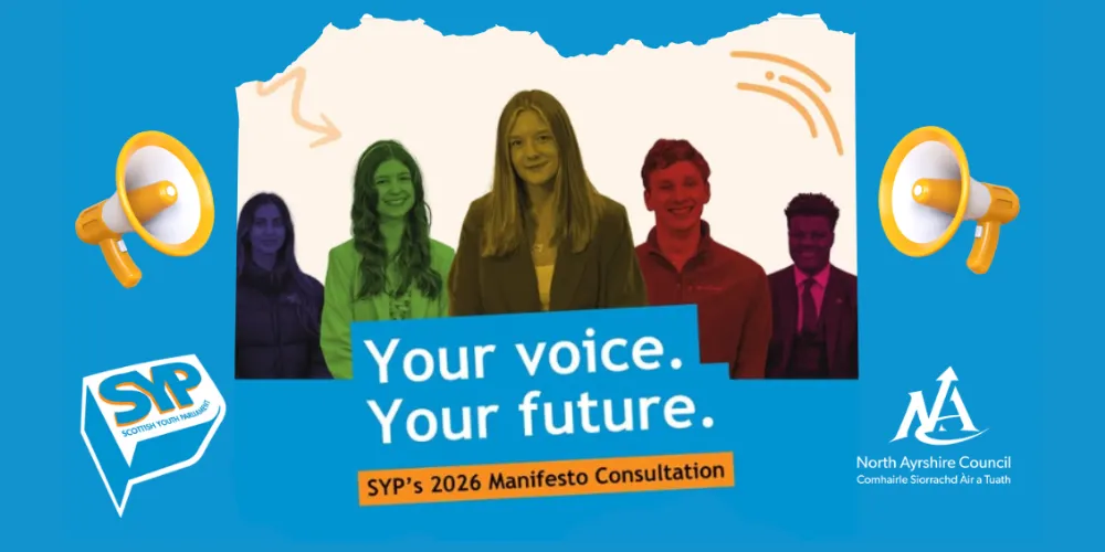 Scottish Youth Parliament manifesto graphic with megaphone and young people text reads "Your Voice, Your Future"