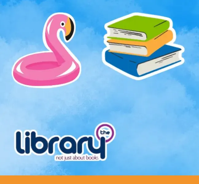 A libraries sign showing books and a rubber ring shaped like a flamingo.