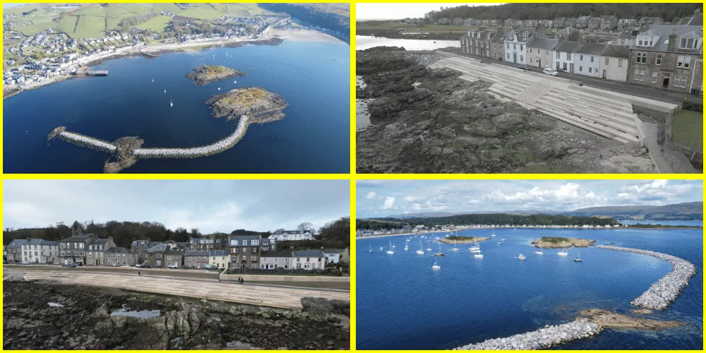 Collage of four photos showing the completed flood protection scheme at Millport