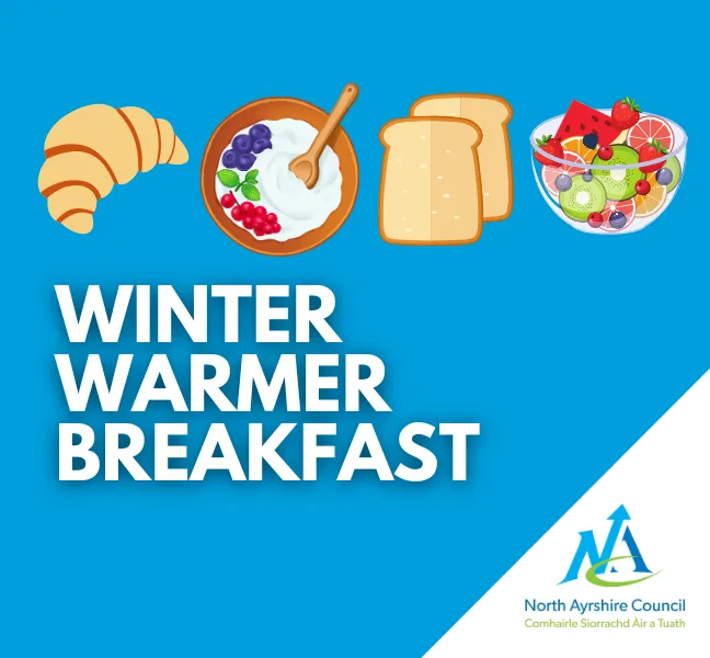 Winter Warmer breakfast graphic with croissant, yoghurt, toast and fruit bowl