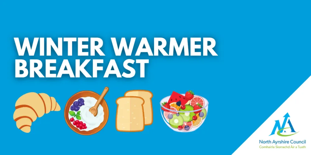 Winter warmer breakfast graphic with croissant, yoghurt, toast and fruit icons